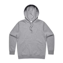 A grey hoodie with a front pouch pocket and a drawstring hood, featuring a logo.