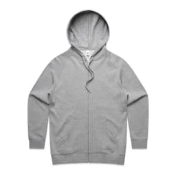 A grey zip-up hoodie featuring a hood and front pockets, with a branding logo.
