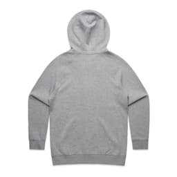 A grey hoodie with a back view, featuring a hood and long sleeves. It has a logo on the fabric.
