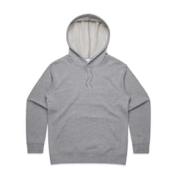 A grey hoodie with a lined hood and front pocket, featuring a logo.