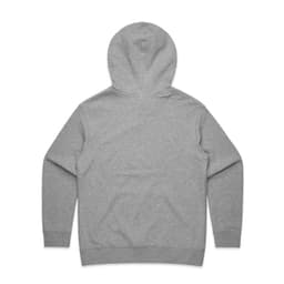 A grey hoodie with a hood, featuring long sleeves and a simple design. It has a logo on the back.