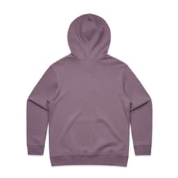 A purple hoodie with a hood and long sleeves, featuring a simple design and a logo on the back.
