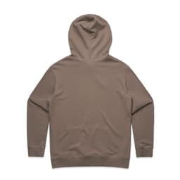 A premium hooded jumper in a soft brown colour, featuring a simple design and a logo on the back.