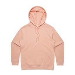 A peach-coloured hoodie with a front pocket, adjustable hood, and a logo. Soft, casual design.