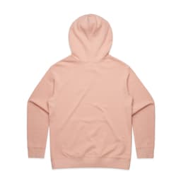 A pink hoodie featuring a hood and long sleeves, with a plain back design. The item has a logo.