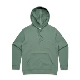 A green hooded jumper with a front pocket and drawstring hood. It features a simple design and has a logo.