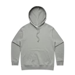 A light grey hoodie with a front pocket and a drawstring hood, featuring a branding logo.