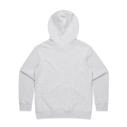A grey hoodie with a kangaroo pocket and a hood, featuring a branding logo on the back.