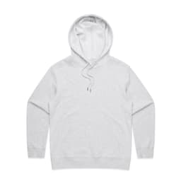 A light grey hoodie featuring a kangaroo pocket and a drawstring hood. It has a logo on the front.