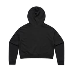 A black cropped hoodie with a hood, featuring a simple design and a snug fit.