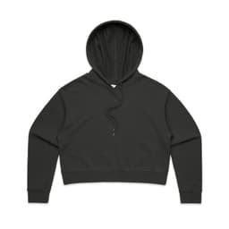 A cropped hoodie in dark grey, featuring a hood and long sleeves. It has a simple design with no visible logos.