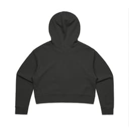 A dark grey cropped hoodie with a hood and long sleeves, featuring a minimalistic design and logo.