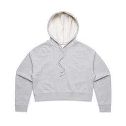 A grey cropped hoodie with a light-coloured lining and a front pocket. It has a drawstring hood and long sleeves.