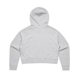 A grey cropped hoodie with a hood and long sleeves, featuring a simple design. It has a logo on it.