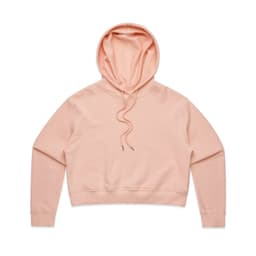 A peach-coloured crop hoodie with a hood and long sleeves, featuring a simple design and a logo.