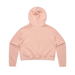 A pink cropped hoodie with a hood and long sleeves, featuring a plain design and a small logo detail.