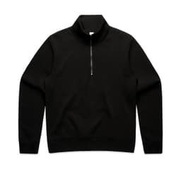 A black half zip crew jumper featuring a fleece fabric and a zipper at the neck. It has a simple design and a logo.