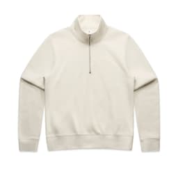 A cream half zip crew jumper with a smooth texture and long sleeves, featuring a logo on the front.