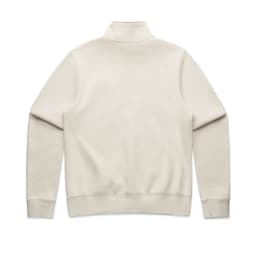 A cream-coloured crew jumper featuring a half zip and a plain back design. Includes a logo on the back.