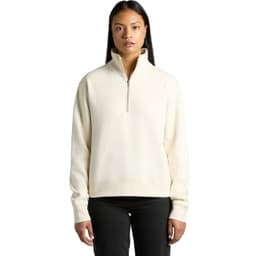 A cream-coloured half zip crew jumper with a relaxed fit and long sleeves, featuring a small logo.