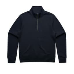 A navy half zip crew jumper featuring a zipper and long sleeves. The item has a plain design with a logo.