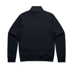 A black half zip crew jumper with a collar and long sleeves, featuring a logo on the back.
