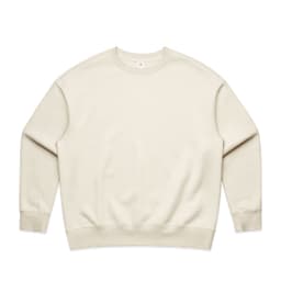 A beige crew jumper with a simple design and a logo on the label. The fabric appears soft and comfortable.