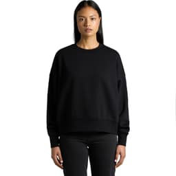 A black sweater with a relaxed fit and long sleeves, featuring a simple design and a logo.
