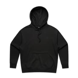 A black hoodie featuring a front pocket and a drawstring hood, with a branding logo.