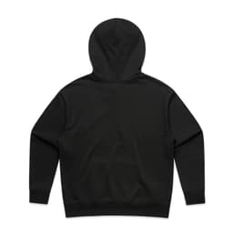 A black hoodie featuring a simple design and a hood, with an understated look and a branding logo.