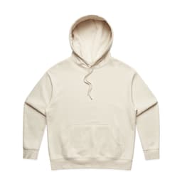 A cream-coloured hoodie featuring a front pocket and an attached hood, with a logo on the front.
