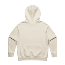 A beige hoodie with a hood and long sleeves, featuring a back view and a logo.