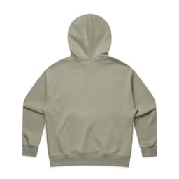 A plain olive green hoodie featuring a large hood and long sleeves. It has a logo on the back.