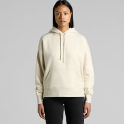 A cream-coloured hoodie with a front pocket and drawstring hood, featuring a logo.