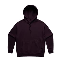 A purple hoodie with a front pocket and a drawstring hood, featuring a logo.