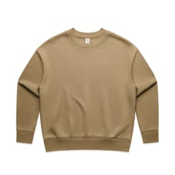 A tan crew jumper with a relaxed fit and a logo on the front.