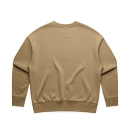 A beige crew jumper with a simple, unadorned design and ribbed cuffs. It features a branding logo.
