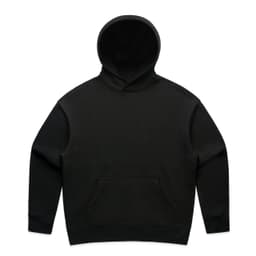 A black hoodie featuring a front pocket and a spacious hood, with a simple design and no visible logos.