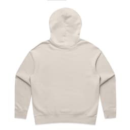 A beige hoodie with a hood and no visible branding, featuring a simple back design.