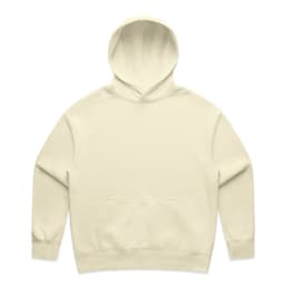 A cream-coloured hoodie featuring a front pocket and an attached hood, with a logo on it.