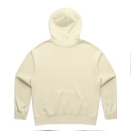 A cream-coloured hoodie with a full back view, featuring a hood and ribbed cuffs. It has a logo.
