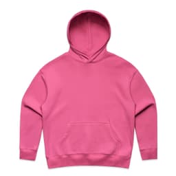 A pink hoodie with a front pocket and a large hood. The garment features a logo.