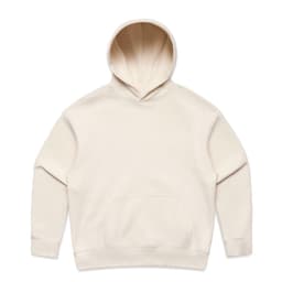 A cream-coloured hoodie featuring a front pocket and a hood. It has a logo on it.