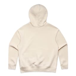 A beige hoodie with a hood, featuring a simple, unadorned back view. It has a logo on the fabric.