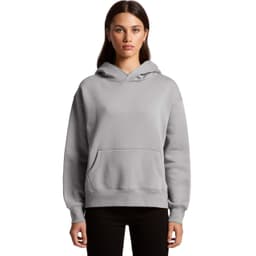 A grey hoodie with a front pocket and a hood, featuring a logo. Model wearing it has long hair.