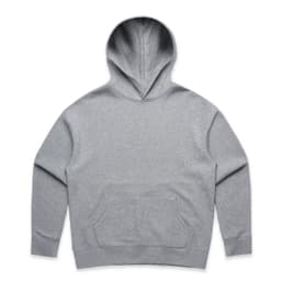 A grey hoodie with a spacious front pocket and a hood, featuring a logo on the front.