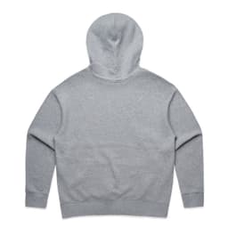 A grey hoodie featuring a back view with a kangaroo pocket and a hood. It has branding details.