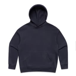 A navy blue hoodie featuring a front pocket and a drawstring hood, with a logo present.