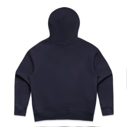 A navy blue hoodie featuring a hood and long sleeves, with a simple design and a logo present.