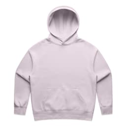 A light purple hoodie with a front pocket and a spacious hood. It features a logo on the design.